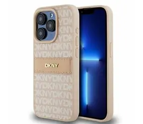 DKNY PU Leather Repeat Pattern Tonal Stripe Zadní Kryt pro Apple iPhone 14 Pro Max růžová