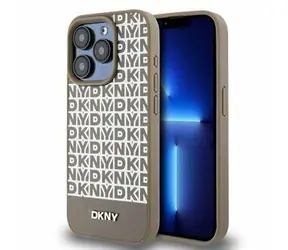DKNY PU Leather Repeat Pattern Bottom Stripe MagSafe Zadní Kryt pro Apple iPhone 14 Pro Max hnědá