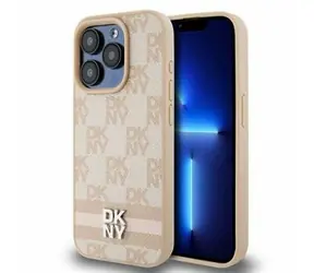 DKNY PU Leather Checkered Pattern and Stripe Zadní Kryt pro Apple iPhone 14 Pro růžová