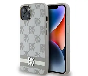 DKNY PU Leather Checkered Pattern and Stripe Zadní Kryt pro Apple iPhone 15 béžová