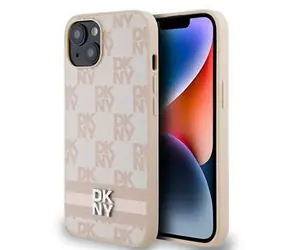 DKNY PU Leather Checkered Pattern and Stripe Zadní Kryt pro Apple iPhone 15 růžová