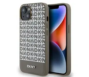 DKNY PU Leather Repeat Pattern Bottom Stripe MagSafe Zadní Kryt pro Apple iPhone 15 hnědá