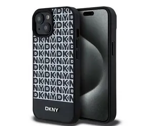 DKNY PU Leather Repeat Pattern Bottom Stripe MagSafe Zadní Kryt pro Apple iPhone 15 černá