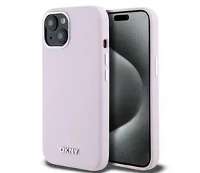 DKNY Liquid Silicone Silver Metal Logo Magsafe Zadní Kryt pro Apple iPhone 15 růžová