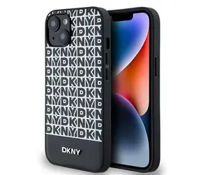 DKNY PU Leather Repeat Pattern Bottom Stripe MagSafe Zadní Kryt pro Apple iPhone 14 černá