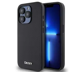 DKNY PU Leather Silver Metal Logo Magsafe Zadní Kryt pro Apple iPhone 15 Pro Max černá