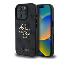 Guess PU 4G Metal Logo Zadní Kryt pro Apple iPhone 16 Pro šedá