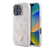 Guess PU 4G Strass Triangle Metal Logo Zadní Kryt pro Apple iPhone 16 Pro růžová