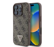 Guess PU 4G Strass Triangle Metal Logo Zadní Kryt pro Apple iPhone 16 Pro hnědá