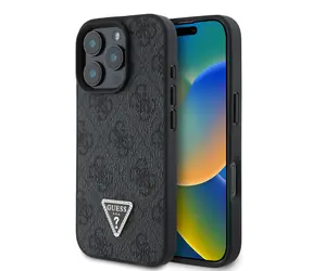 Guess PU 4G Strass Triangle Metal Logo Zadní Kryt pro Apple iPhone 16 Pro Max černá