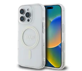 Guess IML Glitter Ring MagSafe Zadní Kryt pro Apple iPhone 16 Pro Max čirá