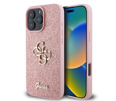 Guess PU Fixed Glitter 4G Metal Logo Zadní Kryt pro Apple iPhone 16 Pro růžová