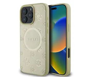 Guess Saffiano Peony Stamp MagSafe Zadní Kryt pro Apple iPhone 16 Pro Max zlatá