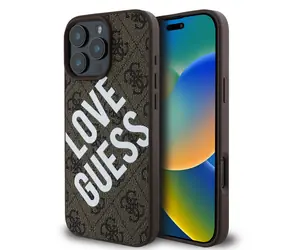 Guess PU Leather 4G Big Love Logo MagSafe Zadní Kryt pro Apple iPhone 16 Pro Max hnědá