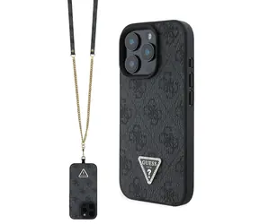 Guess PU 4G Strass Triangle Metal Logo Zadní Kryt + Crossbody Popruh pro Apple iPhone 16 Pro Max černá