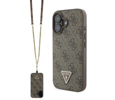 Guess PU 4G Strass Triangle Metal Logo Zadní Kryt + Crossbody Popruh pro Apple iPhone 16 hnědá