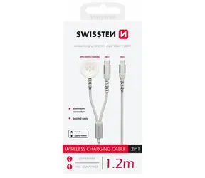 SWISSTEN Magnetický kabel pro Apple Watch a USB-C 1.2m bílá / USB-C / 2v1 / 60W / opletený
