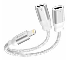 SWISSTEN TEXTILE Nabíjecí audio adaptér Lightning (M) - 2x Lightning (F) 0.12m bílá