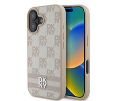 DKNY PU Leather Checkered Pattern and Stripe Zadní Kryt pro Apple iPhone 16 růžová