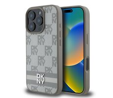 DKNY PU Leather Checkered Pattern and Stripe Zadní Kryt pro Apple iPhone 16 Pro béžová