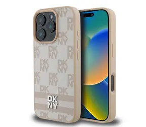 DKNY PU Leather Checkered Pattern and Stripe Zadní Kryt pro Apple iPhone 16 Pro růžová