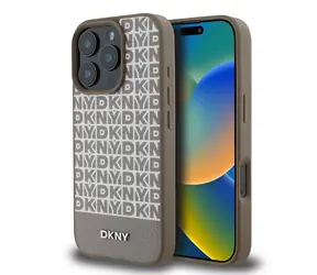 DKNY PU Leather Repeat Pattern Bottom Stripe MagSafe Zadní Kryt pro Apple iPhone 16 Pro hnědá
