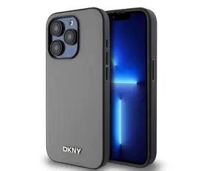 DKNY PU Leather Silver Metal Logo Magsafe Zadní Kryt pro Apple iPhone 15 Pro šedá