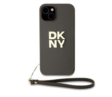 DKNY PU Leather Stack Logo Wrist Strap Zadní Kryt pro Apple iPhone 13 hnědá