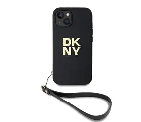 DKNY PU Leather Stack Logo Wrist Strap Zadní Kryt pro Apple iPhone 14 černá
