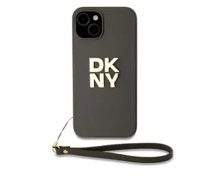 DKNY PU Leather Stack Logo Wrist Strap Zadní Kryt pro Apple iPhone 14 hnědá