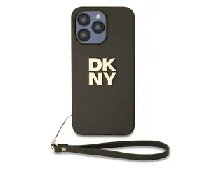 DKNY PU Leather Stack Logo Wrist Strap Zadní Kryt pro Apple iPhone 14 Pro Max hnědá