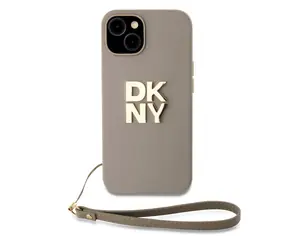 DKNY PU Leather Stack Logo Wrist Strap Zadní Kryt pro Apple iPhone 15 béžová
