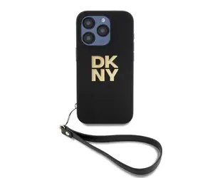 DKNY PU Leather Stack Logo Wrist Strap Zadní Kryt pro Apple iPhone 15 Pro černá