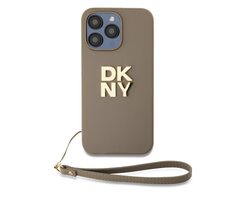 DKNY PU Leather Stack Logo Wrist Strap Zadní Kryt pro Apple iPhone 15 Pro Max béžová
