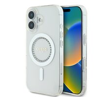 Guess IML Rhinestones Ring MagSafe Zadní Kryt pro Apple iPhone 16 bílá
