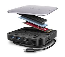 AXAGON HMC-UFO, USB 10Gbps hub, 2x USB-A, USB-C, HDMI 4k/60, RJ-45, M.2 slot, SD/mSD, audio, PD 100W, kabel USB-C 65cm