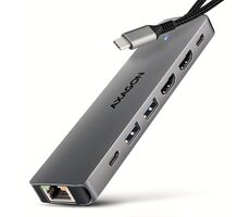 AXAGON HMC-7HX2, USB 5Gbps hub, 2x USB-A, USB-C, 2x HDMI 4k/60Hz, RJ-45 GLAN, PD 100W, kabel USB-C 15cm
