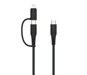 FIXED Nabíjecí a datový opletený kabel s konektory USB-C/USB-C a Lightning adaptérem PD 1.2m MFi PD 60W šedý