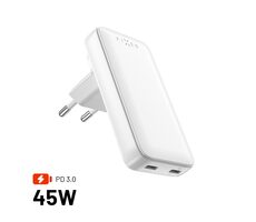 FIXED Síťová GaN nabíječka Slim Traveller s 2x USB-C výstupem s vyměnitelnými adaptéry 45W bílá