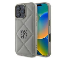 DKNY PU Leather Quilted Stack Logo Zadní Kryt pro iPhone 16 Pro Grey
