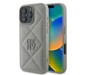 DKNY PU Leather Quilted Stack Logo Zadní Kryt pro iPhone 16 Pro Max Grey