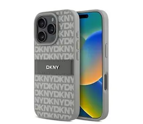 DKNY PU Leather Repeat Pattern Tonal Stripe Zadní Kryt pro iPhone 16 Pro Max Beige