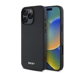 DKNY PU Leather Silver Metal Logo Magsafe Zadní Kryt pro iPhone 16 Pro Max Black