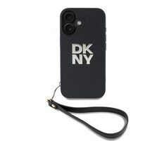 DKNY PU Leather Stack Logo Wrist Strap Zadní Kryt pro iPhone 16 Black