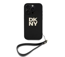 DKNY PU Leather Stack Logo Wrist Strap Zadní Kryt pro iPhone 16 Pro Black