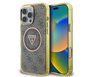 Guess IML 4G Glitter and Triangle Logo MagSafe Zadní Kryt pro iPhone 16 Pro Max Brown