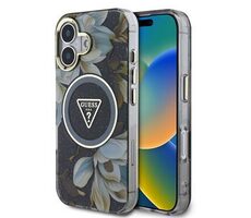 Guess IML Glitter Magnolia and Triangle Logo MagSafe Zadní Kryt pro iPhone 16 Black