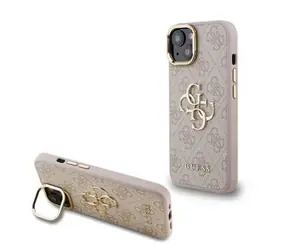 Guess PU 4G Metal Logo Stand Camera Frame Zadní Kryt pro iPhone 15 Pink