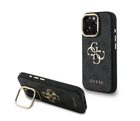 Guess PU 4G Metal Logo Stand Camera Frame Zadní Kryt pro iPhone 15 Pro Max Black