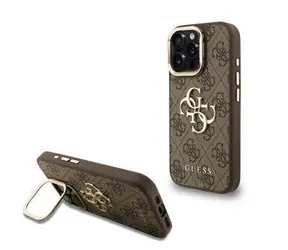 Guess PU 4G Metal Logo Stand Camera Frame Zadní Kryt pro iPhone 15 Pro Max Brown